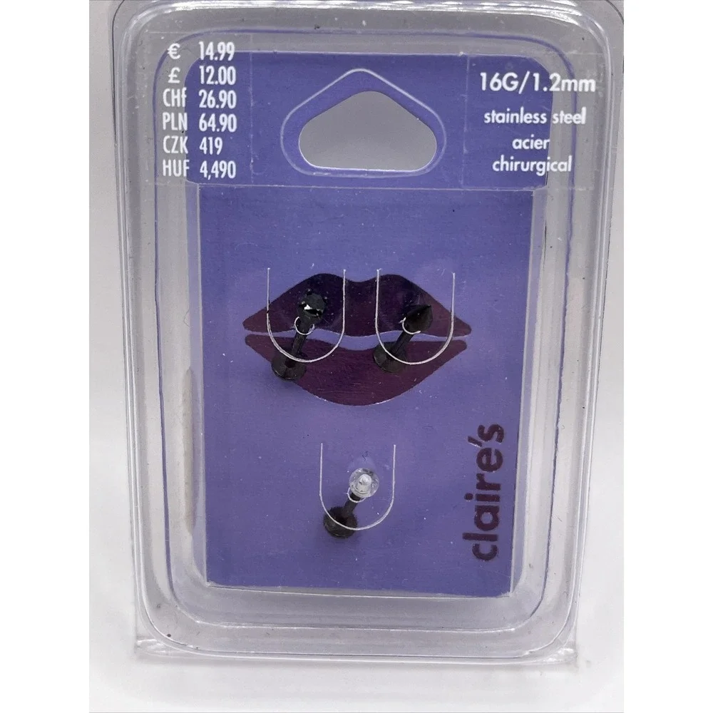 Claire's 16G Lip Rings Black‎ Stainless Steel Posts- Brand New